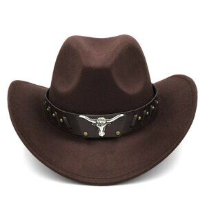 Brown‎ Western Cowboy Cowgirl Hat for Men Women – Black Bull Strap Retro Felt